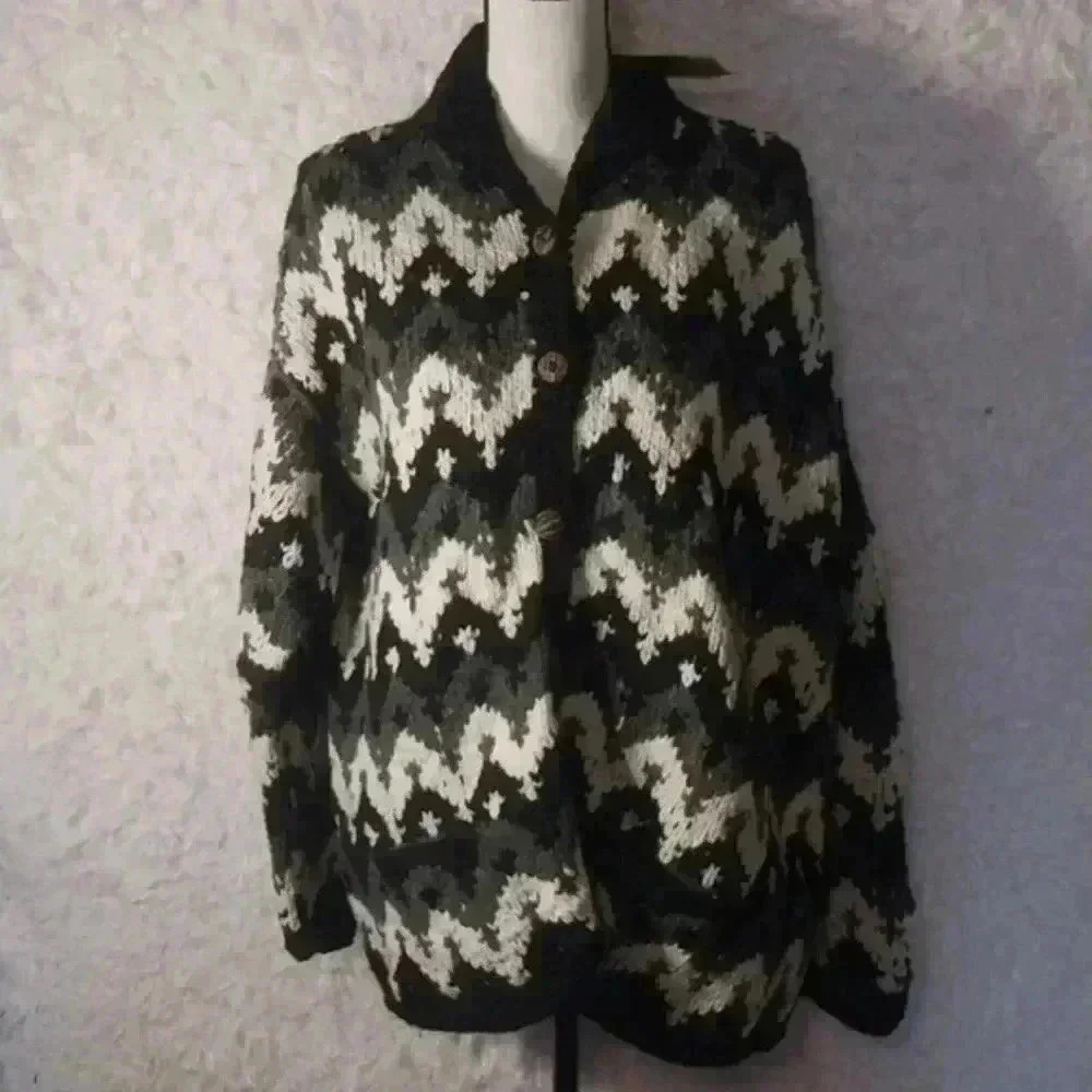 Del Mundo Handmade 100% Ecuador Wool Loose Knit Cardigan Size XL Nordic